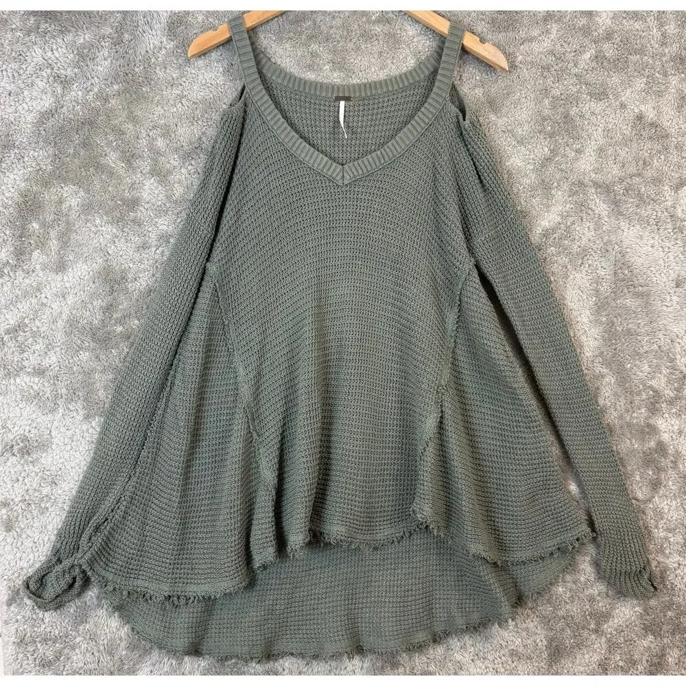 Free People Green Cotton Moonshine Cold Shoulder Boho Knit Sweater S Small